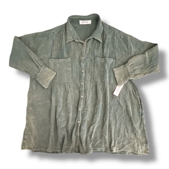 Three Birds Nest Marco Button Down Tunic Oversized Green Distressed Dress Size L - Picture 2 of 6